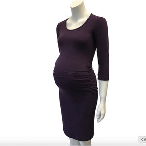 Hazel & Jools Plum Bamboo Maternity Dress M | Gathered Nursing Midi 3/4 Sleeve M
